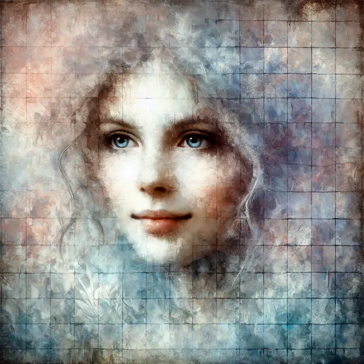 Every stroke of her brush adds a new layer to her own face, blurring the lines between herself and the faces she conjures.