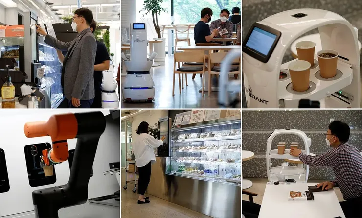 疫情期間為了保持社交距離,韓國咖啡店請出了機器人咖啡師。/Daily Mail