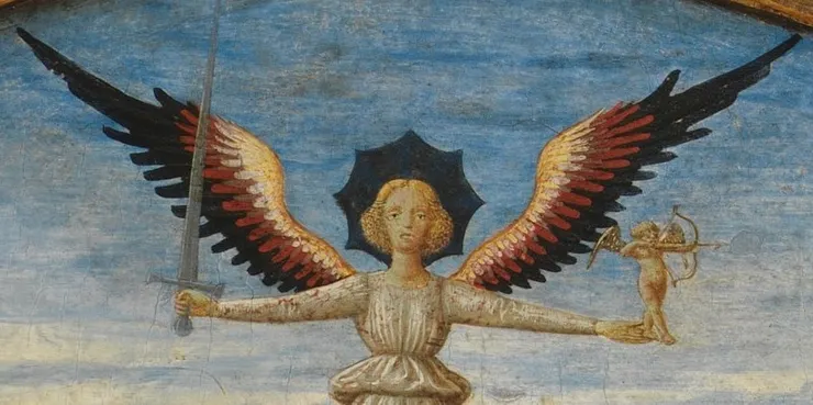 圖十五：《聲譽的勝利》的細節：天使手握著劍與愛神邱比特雕像