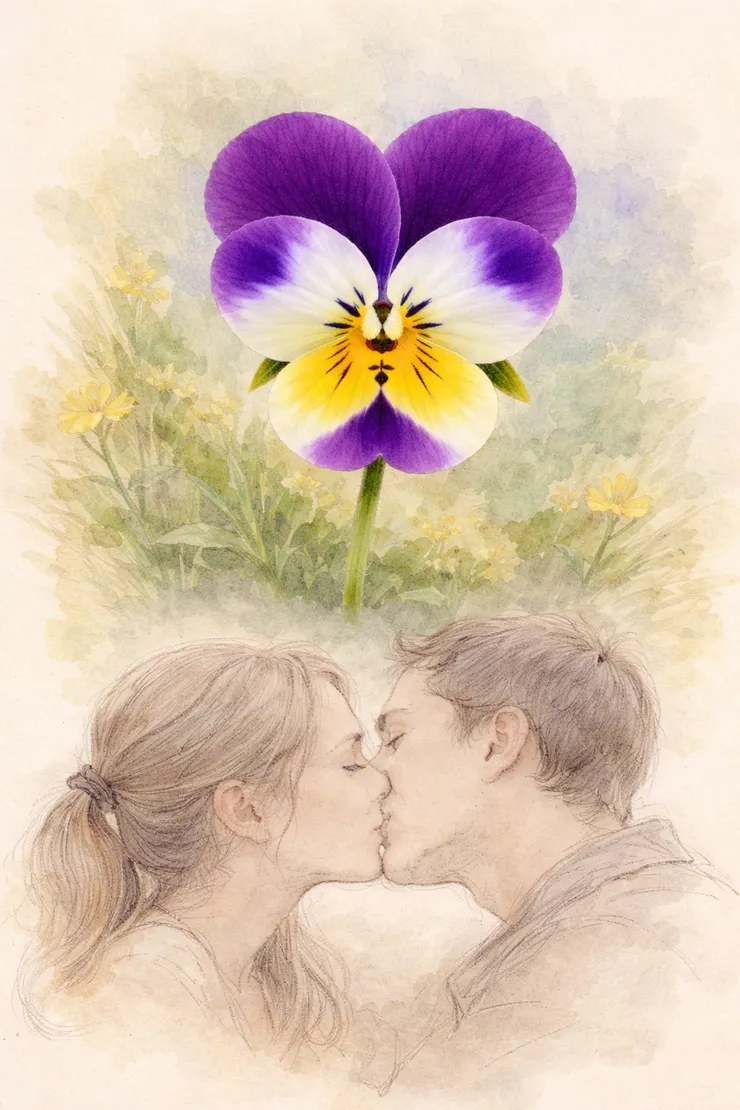 中古世紀的英國,人們從三色堇上看出兩張正在接吻的人臉,因此賦予了許多浪漫愛情的想像。chatgpt繪圖示意