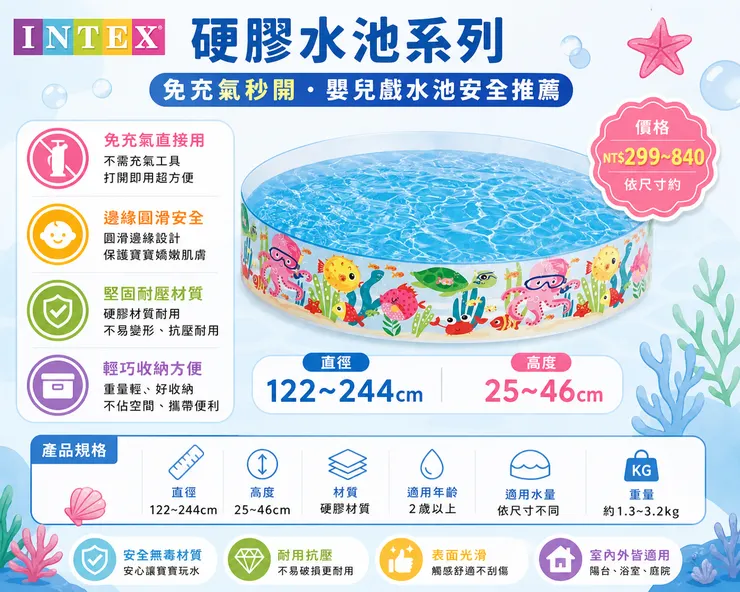 INTEX 硬膠水池系列推薦｜免充氣直接用 122-244cm 嬰兒兒童戲水池 安全耐用 硬膠材質 家用小坪數陽台水池 夏天玩水首選