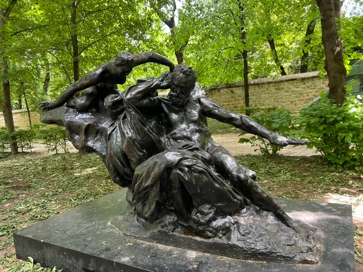 "Monument to Victor Hugo" by Rodin. The sculpture depicted Hugo when he was in exile in Guernsey. His extended arm seemed to be calming the wave. The Tragic Muse is floating on the left, murmuring to him. 