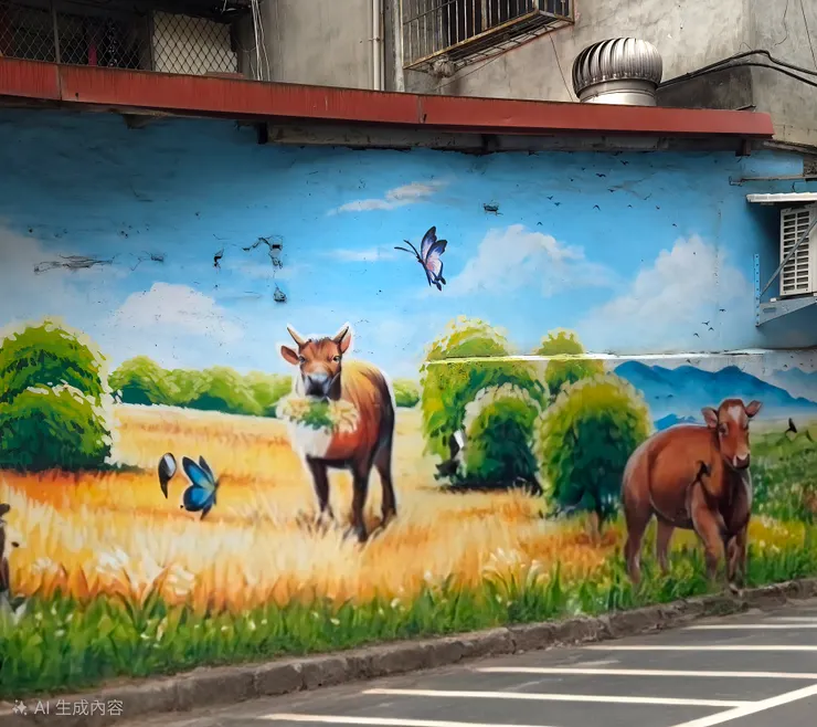 第三景：黃金麥浪歲月（黃金麥浪與雙牛），雙牛佇立於金黃色的草野中，蝴蝶飛舞。 探討「凝視與從容」。牛沒有時間的焦慮，牠們只是存在著。 在金黃色的靜謐中，我們看見了時間的停滯。