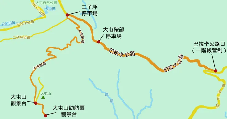 陽明山的管制點,近台北市側是在公車站「巴拉卡公路口」附近。(繪製:抱城。)
