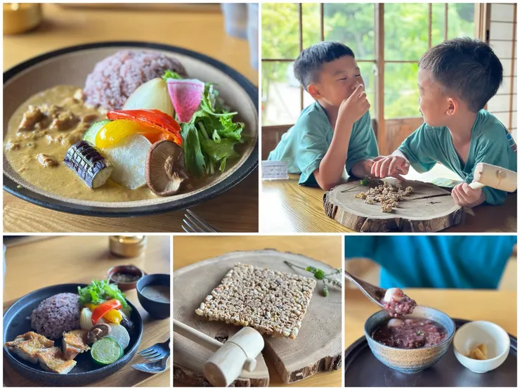 食材都是宮城縣在地農產,中間下方的是模擬過去採石產業製作的甜點(爆米香),好玩又好吃