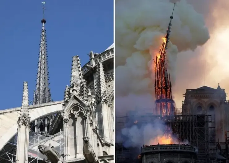 左圖為2018年所拍攝的尖塔圖片，右圖為大火中的尖塔／圖片來源：BBC News