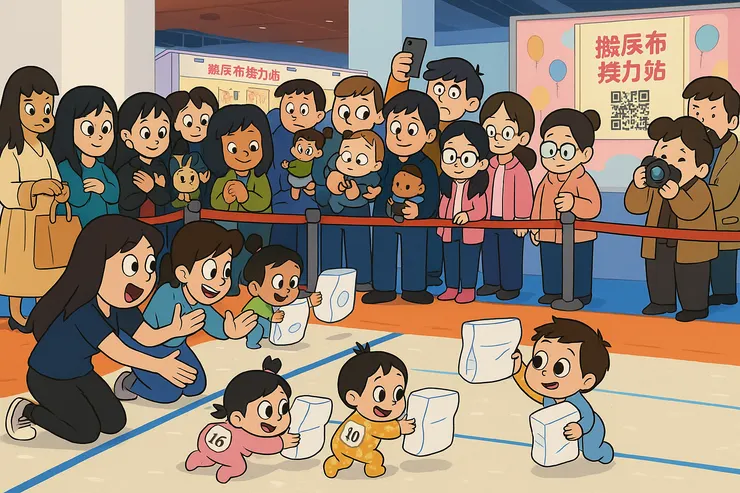 搬尿布比賽（為保護寶寶及爸媽隱私，用ChatGPT將照片重繪）