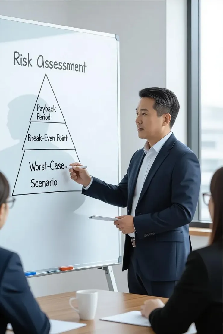 中年上班族解釋副業風險檢核三層表：回本週期、盈虧平衡、最壞情境