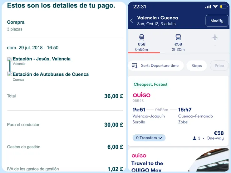 以Valencia > Cuenca為例，比較BlaBlaCar和高鐵OUIGO的價差
