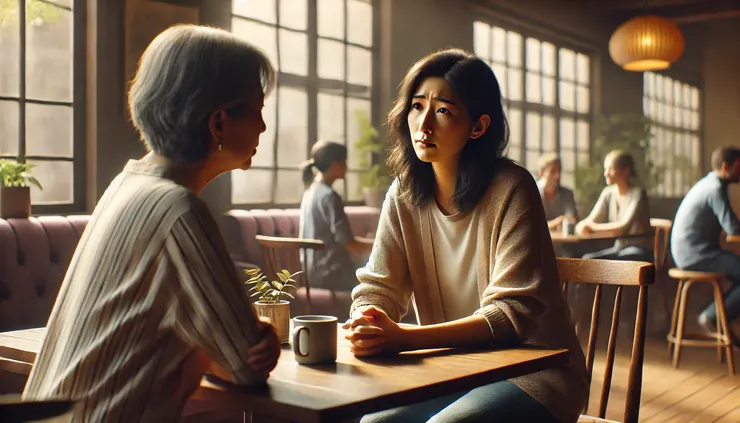 中高齡求職者在咖啡館談話，流露出求職壓力與焦慮的神情
