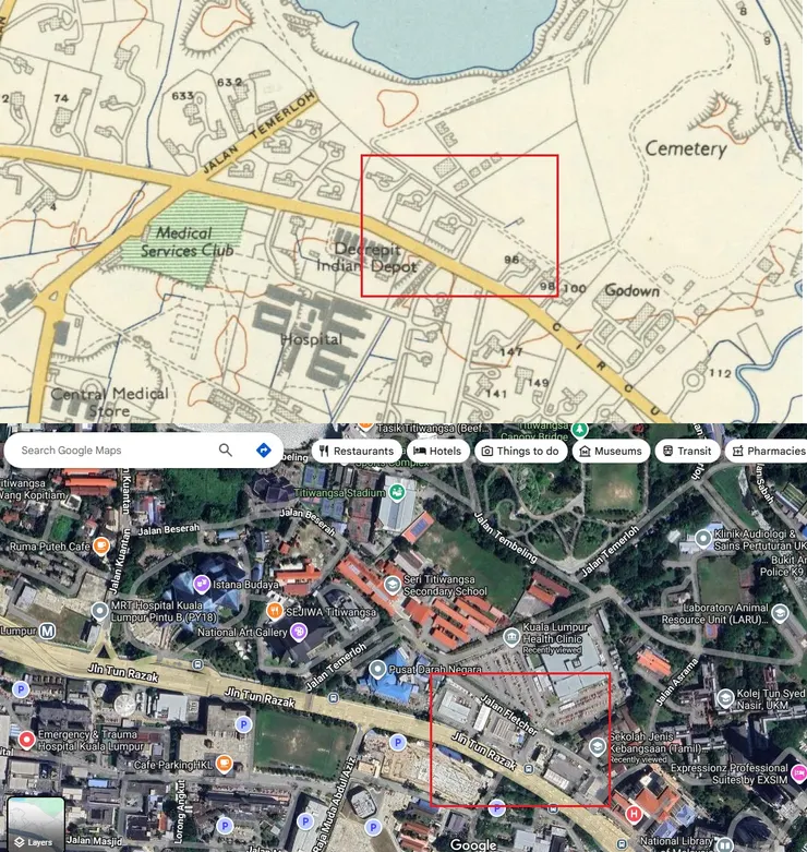 弗萊徹路周圍地圖比較。-Kuala Lumpur Map,Survey Dept., Federation of Malaya No. 65 - 1957;Google Map.