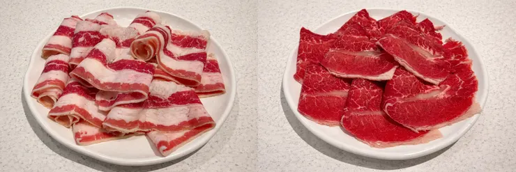 培根牛肉/板腱牛肉。培根牛，油花分布漂亮，口感軟嫩帶有油脂香氣。板腱牛肉質佳，油脂較低，肉香明顯。
