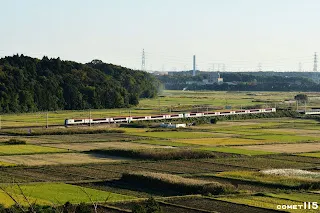 聯絡成田機場與東京之間的成田特快列車經過秋季的田園地景