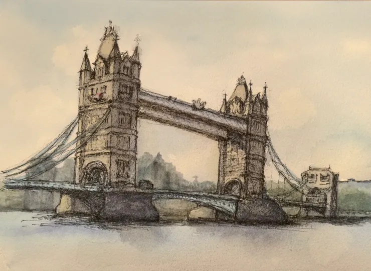 倫敦塔橋，16開速寫，代針筆+水彩。