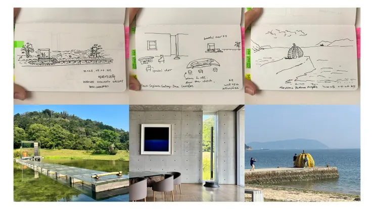 左：玻璃茶室《聞鳥居》｜中：旅客飲茶空間｜右：時間的迴廊旁邊的黃南瓜。2025.08.26拍攝