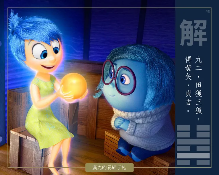 解卦九二的關鍵，在於「中道」。你注意到了嗎？樂樂的頭髮，其實染成憂憂的藍；她的衣裙，是帶著藍意的淺黃綠。這暗示著「樂中藏憂 」。 （2015年《腦筋急轉彎》劇照）