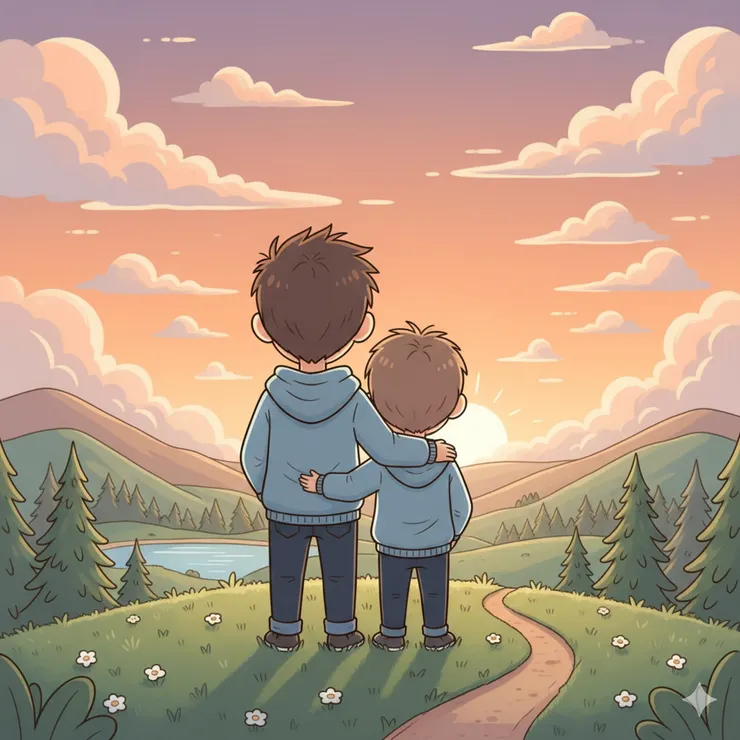 「蛋黃媽的男生宿舍教養：畫面中溫暖的夕陽餘暉灑在孩子身上，就像我們在教養中選擇『留白』所散發出的溫度。當我們不再把課表塞滿，而是陪著孩子靜靜望向遠方，尋找那個能讓他們眼睛發亮的領域。」