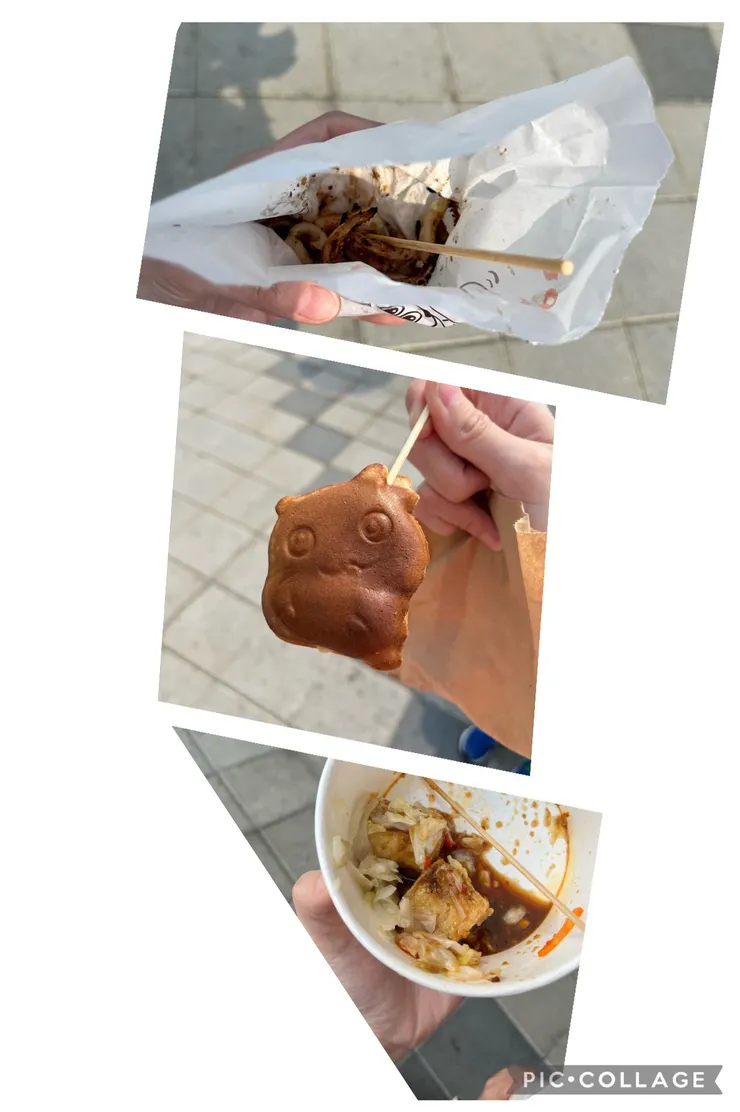 烤魷魚、雞蛋糕、臭豆腐，太餓每樣都吃到見底才想到拍照，毫無美感。