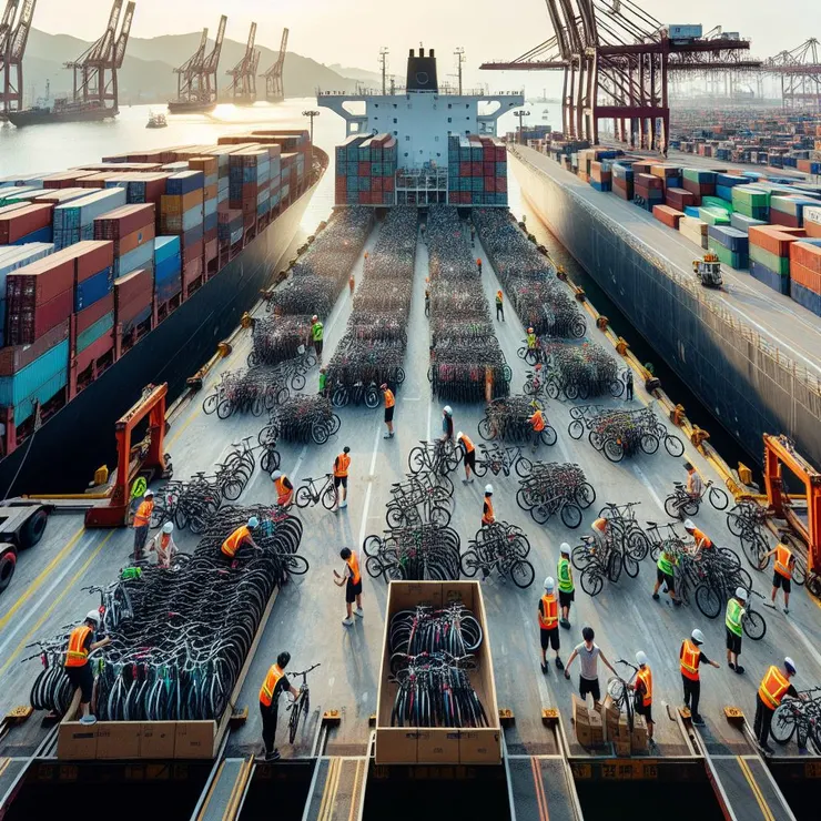 自行車出口時會裝貨櫃啦~這是AI圖來的