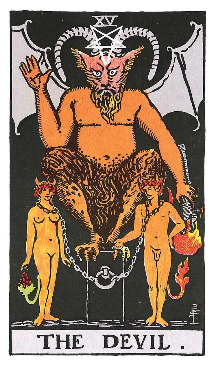 偉特塔羅牌惡魔牌，牌中男女長出魔角及尾巴，已非人類