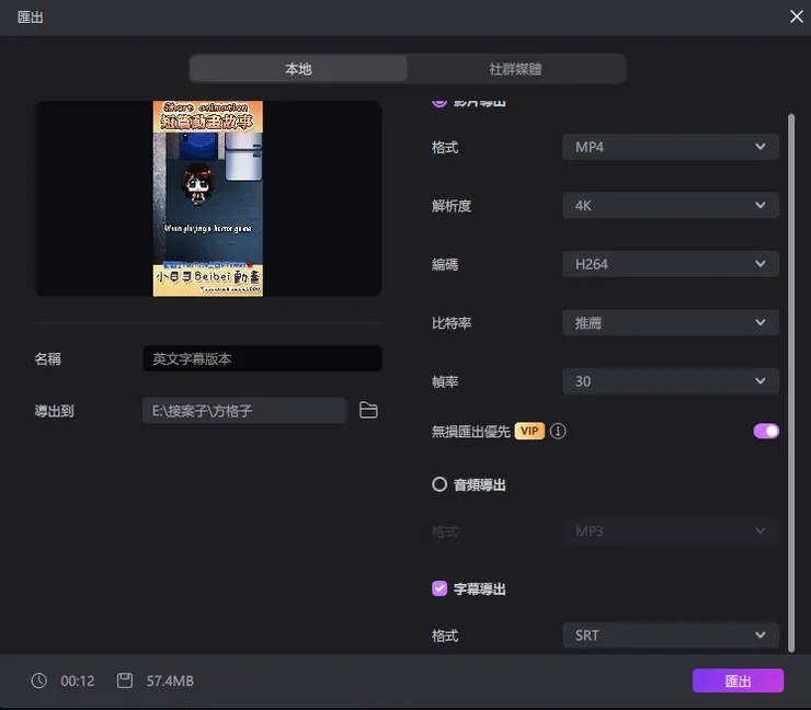 匯出頁面可勾選字幕導出