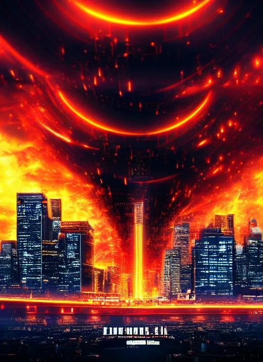 我 : Explosion behind people running, city background. AI : Excalibur!!!