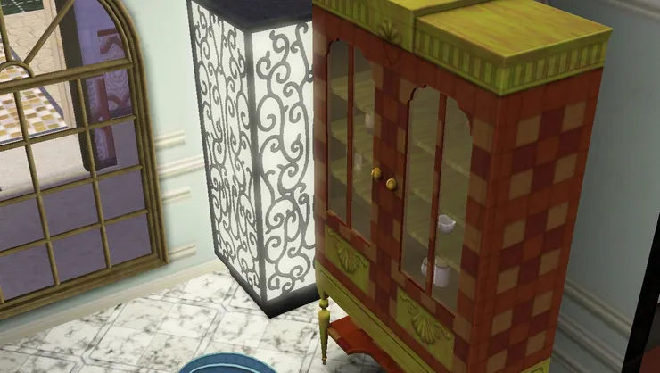 一邊有碗櫃和落地大燈。