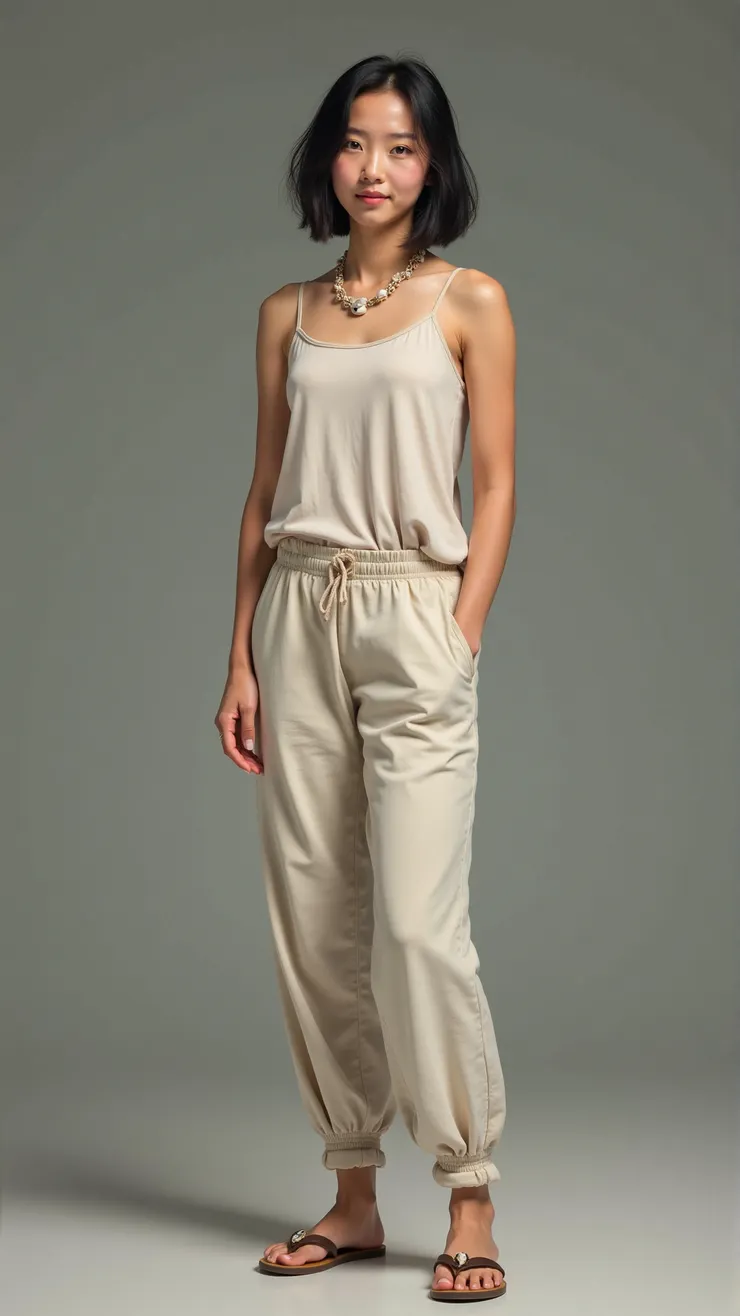 Tank top, linen pants, flip-flops, shell necklace( 背心，麻質長褲，人字拖鞋，貝殼項鍊 )