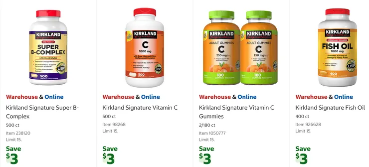 綜合B群 $15.49、維他命 C $16.99、維他命C軟糖$16.99、魚油 $17.99。