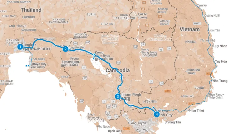 粗線為這次介紹的旅途，標記❶～❹為下述小故事的所在地點