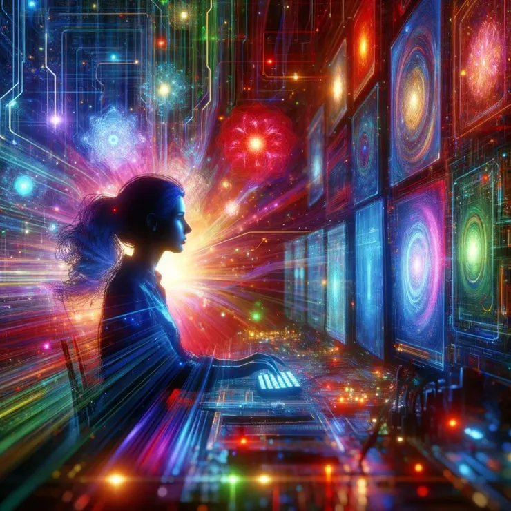 Her desk is a dynamic array of glowing screens, circuit boards, and colorful LED lights, each color signifying a different function or process. 