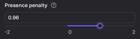 ”Presence penalty”(可以設定如果AI重複輸出類似的tokens，是否對其施加”存在懲罰”；設定正值為懲罰、負值則為獎勵)