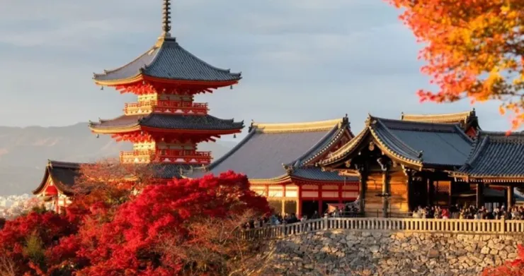 清水寺秋季楓紅美景與寺廟建築