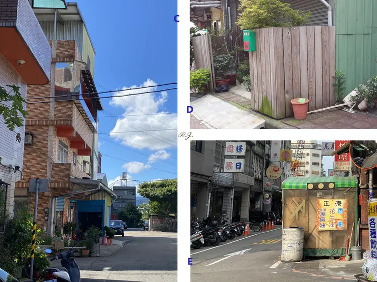 圖2-C:房子長出腫塊; D:把人行道圍成私人院子; E:佔據路肩做生意  ([陳傳義]拍攝)
