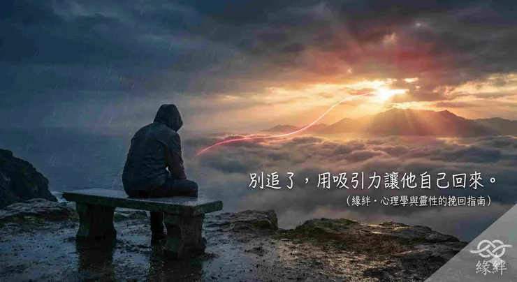 一個人在破曉的光芒中等待,象徵分手後透過心理學調整與緣絆和合術能量,重新吸引前任回頭的過程。