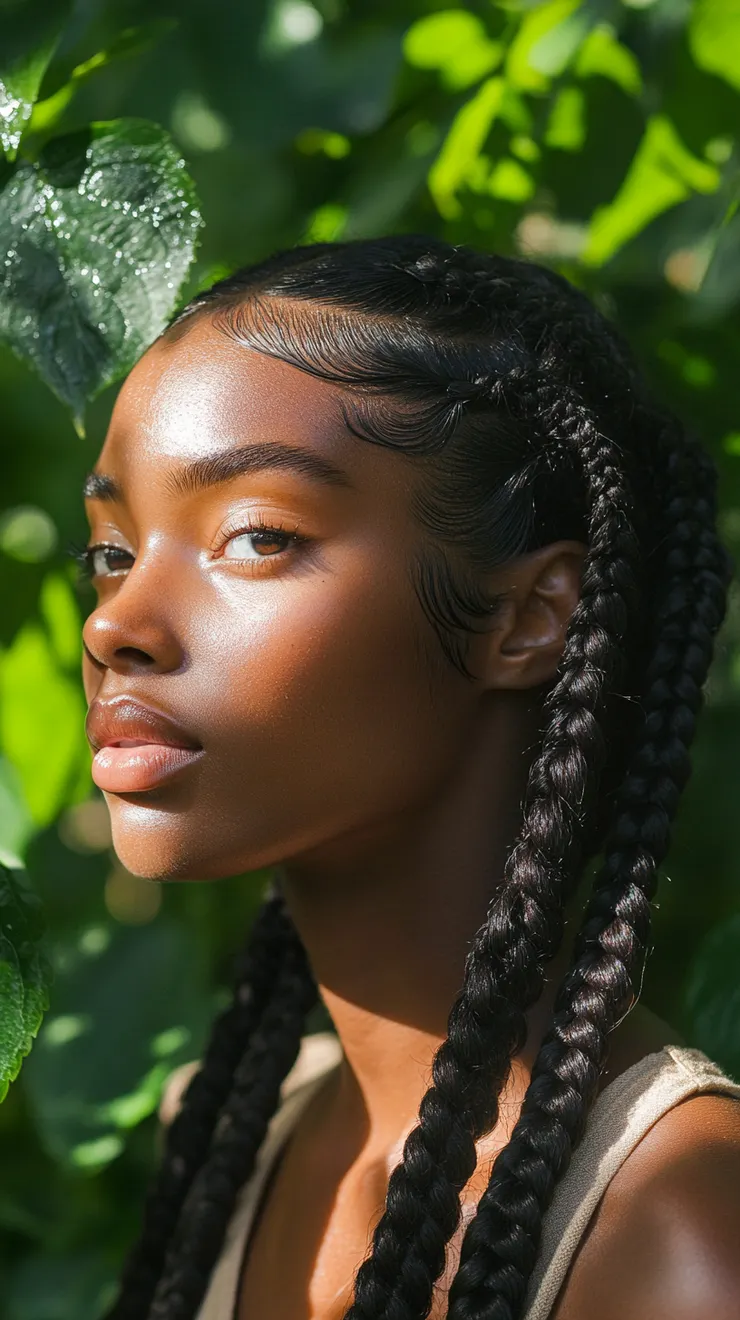 A woman with rich, dark brown skin and warm undertones is facing slightly to the left