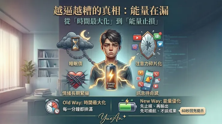 現代青少年大腦常見的四大漏電洞：從「過度警覺（hyperarousal）」造成的睡眠債，到頻繁切換任務帶來的認知耗損。比起時間管理，他們更需要能量預算。