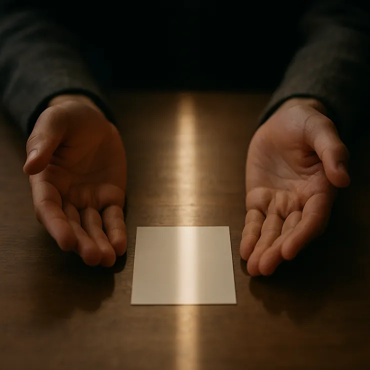 掌心對掌心,仍隔一指光;空白卡在兩人中線,窗縫光像細帶。