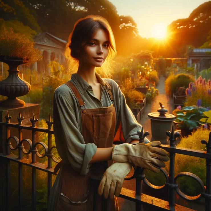 A young female gardener standing by an old wrought-iron fence that borders an ancient botanical garden at sunset. 