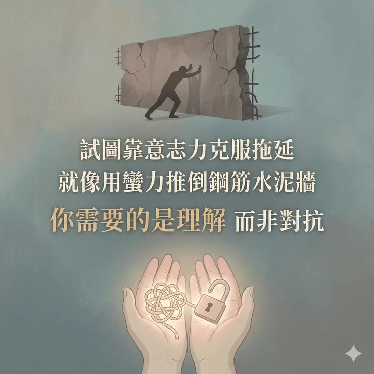 試圖靠意志力克服拖延，就像用蠻力推到鋼筋水泥牆，你需要的是理解而非對抗。