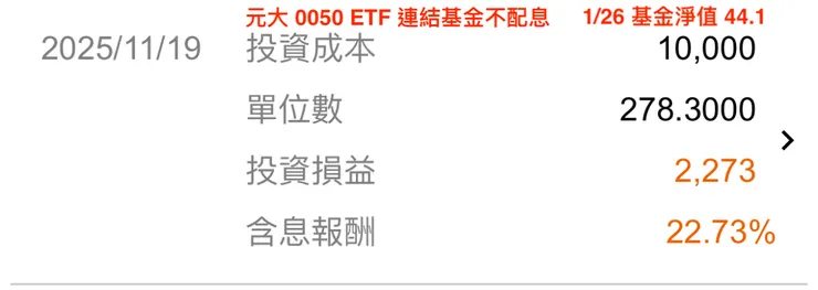普發一萬投入0050連結基金不配息的投報