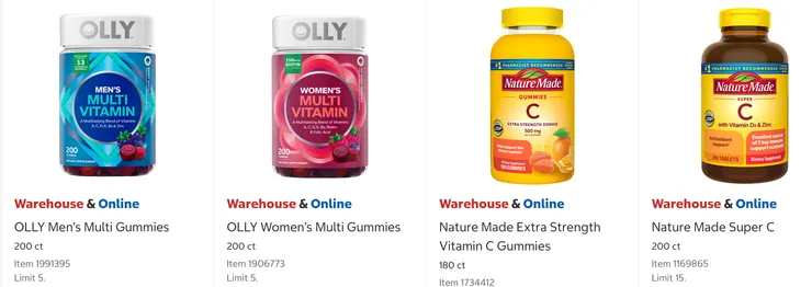 OLLY 男/女維他命 $18.49、Nature Made 維他命C $17.49、Nature Mader超強維他命C + 鋅 $16.49。