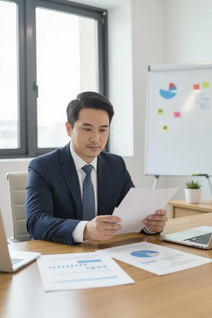 中年上班族在辦公桌前思考副業選項