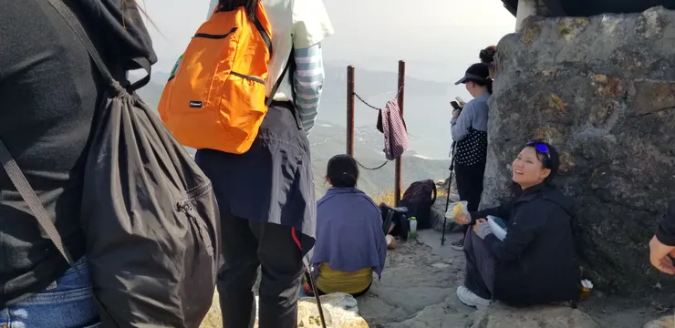 山上遊客很多，但小鳥不太怕人