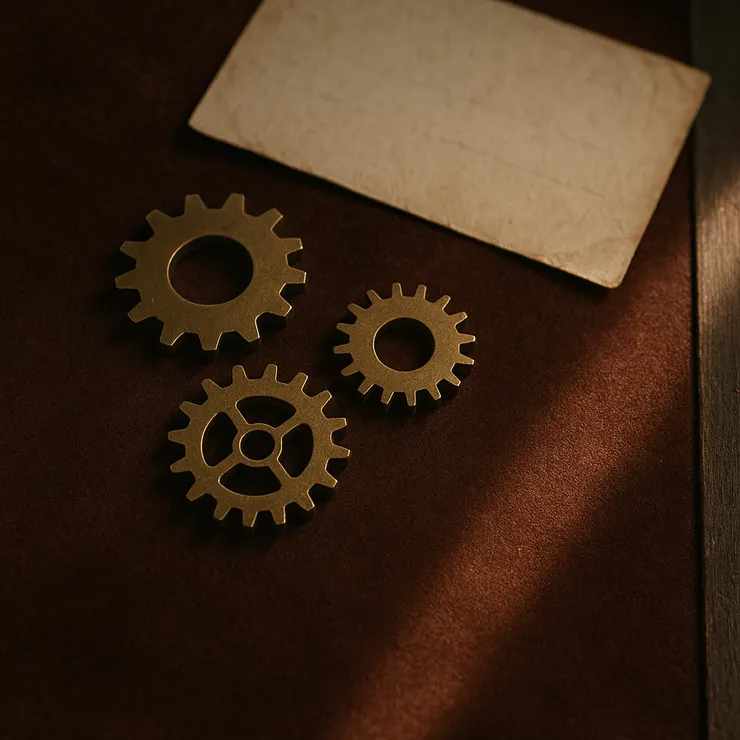 絨布上攤平三枚齒輪與一張舊收據；背後一扇半掩的門線。