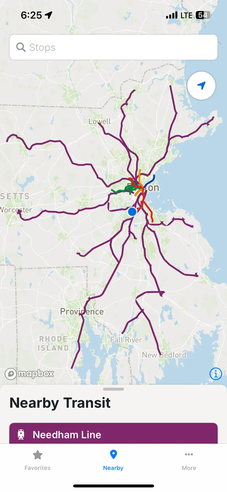 MBTA通勤鐵路(紫)與地鐵(紅橘藍綠)