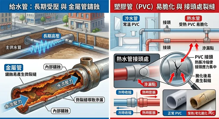水管鏽蝕及接頭處裂縫導致漏水(示意圖)