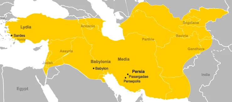 The Achaemenid Empire during the reign of Cyrus the Great, 559 BCE-530 BCE. Major cities are marked and modern borders are superimposed.