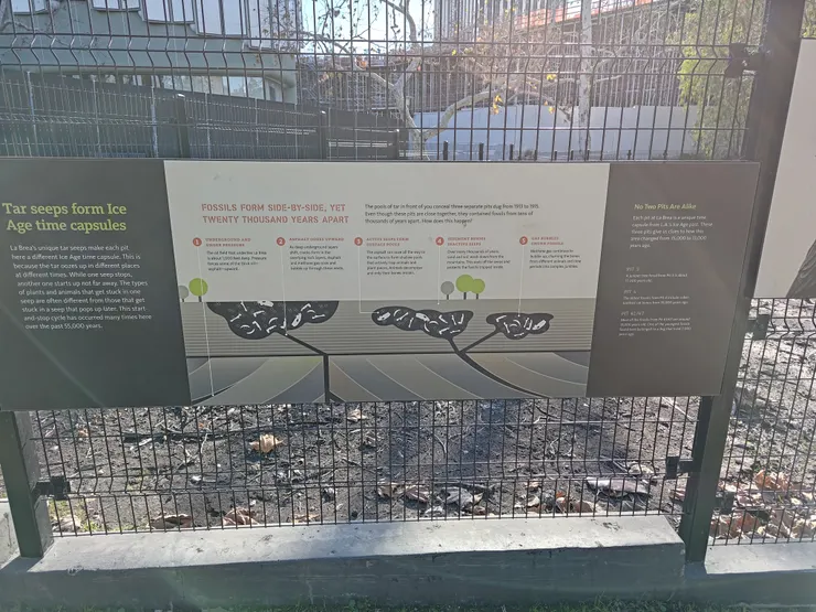 坑外看板描寫瀝青坑開啟與封閉的循環