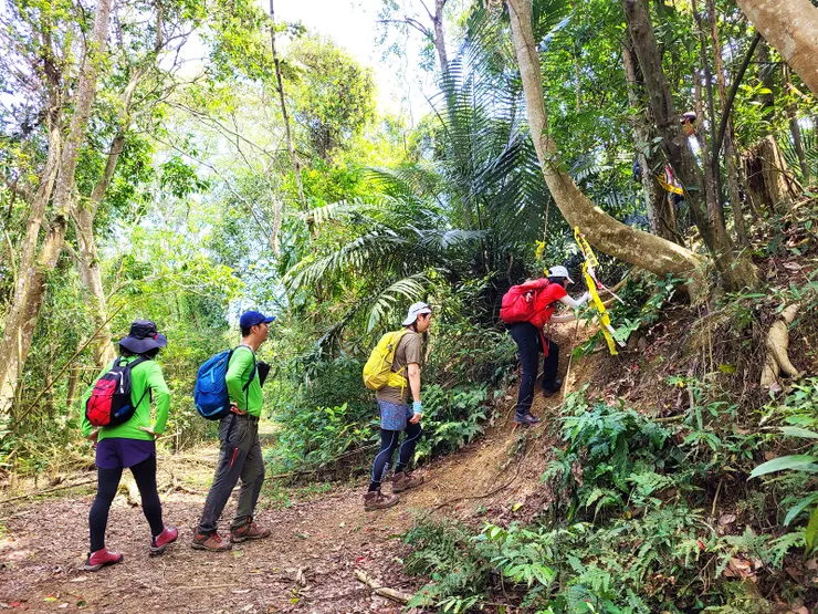 ▲由此右上稜線，拉繩陡上。